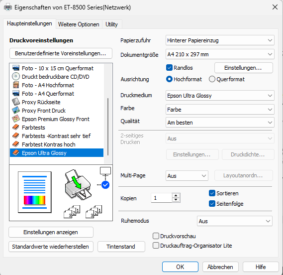 Epson ET-8500 driver, Haupteinstellungen tab: rear paper feed, A4, Randlos checked, portrait, Epson Ultra Glossy, Farbe, quality Am besten, two-sided printing and Multi-Page off; preset Epson Ultra Glossy