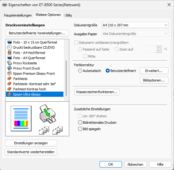 Epson ET-8500 driver, Weitere Optionen tab: Farbkorrektur Benutzerdefiniert selected, Bidirektionales Drucken and Bild spiegeln unchecked
