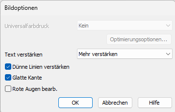 Epson Bildoptionen dialog: Text verstaerken set to Mehr verstaerken, Duenne Linien verstaerken checked, Glatte Kante checked