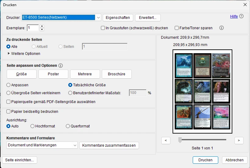 Adobe-Druckdialog für den ET-8500: Tatsächliche Größe bei 100 Prozent ausgewählt, Papier beidseitig bedrucken nicht angehakt, die Vorschau zeigt einen 3x3-Kartenbogen