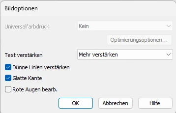 Epson-Bildoptionen-Dialog: Text verstärken auf Mehr verstärken, Dünne Linien verstärken angehakt, Glatte Kante angehakt