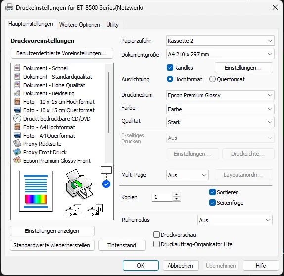 Epson-ET-8500-Treiber, Reiter Haupteinstellungen: Kassette 2, A4, Randlos angehakt, Epson Premium Glossy, Qualität Stark, 2-seitiges Drucken Aus; die Preset-Liste zeigt Proxy Rückseite, Proxy Front Druck und Epson Premium Glossy Front